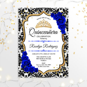 Quinceanera - Damask Royal Blue Gold Invitation