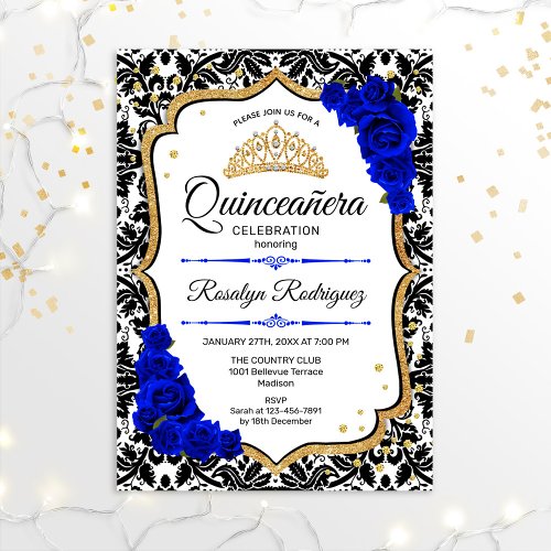 Quinceanera _ Damask Royal Blue Gold Invitation