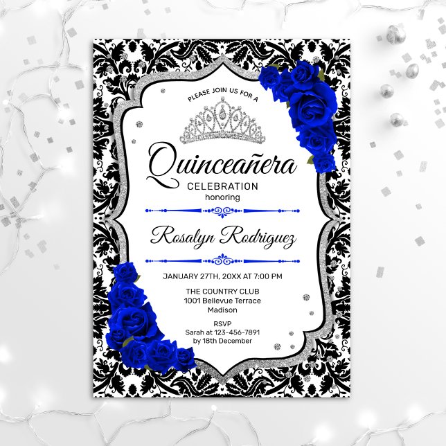 Quinceanera - Damask Royal Blue Silver Invitation