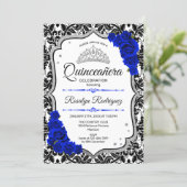 Quinceanera - Damask Royal Blue Silver Invitation (Standing Front)