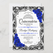 Quinceanera - Damask Royal Blue Silver Invitation (Front)