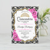 Quinceanera - Damask White Black Pink Invitation (Standing Front)