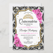 Quinceanera - Damask White Black Pink Invitation (Front)