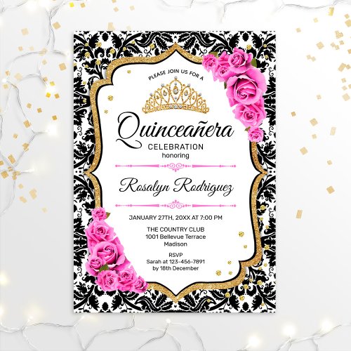 Quinceanera _ Damask White Black Pink Invitation