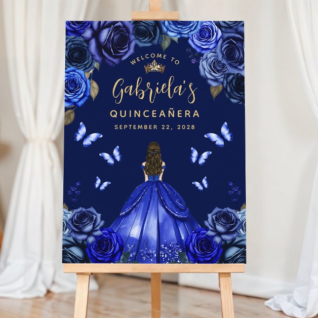 Quinceañera Dark Blue Floral Princess Welcome Foam Board (Creator Uploaded)