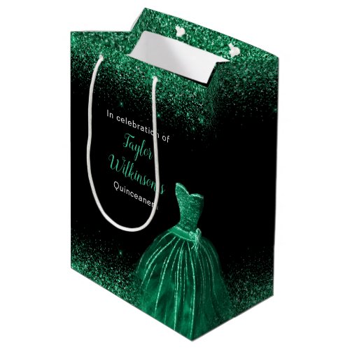Quinceanera Dark Green Dress Faux Glitter Medium Gift Bag