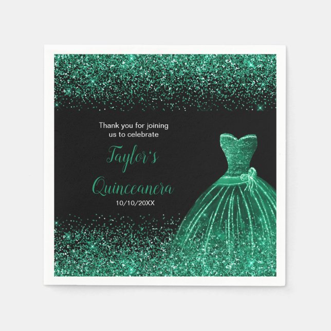 Quinceanera Dark Green Faux Glitter Napkins (Front)