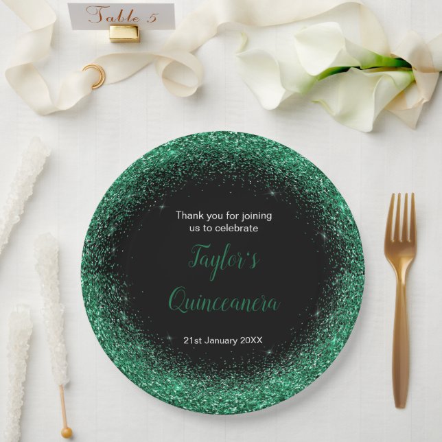 Quinceanera Dark Green Faux Glitter Paper Plates (Wedding)