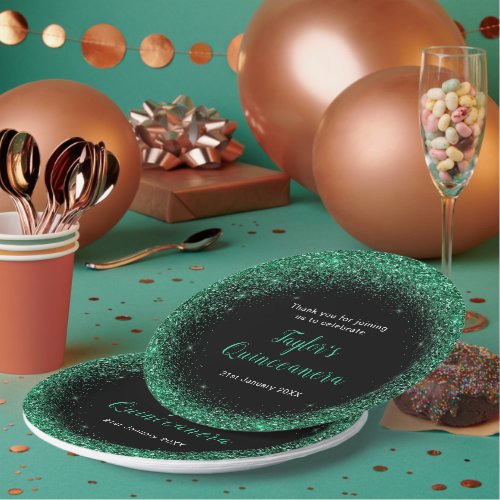 Quinceanera Dark Green Faux Glitter Paper Plates