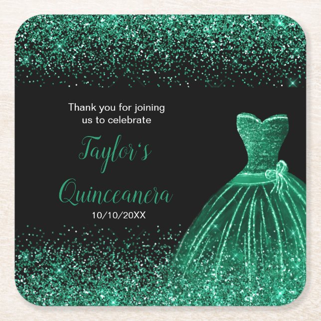 Quinceanera Dark Green Faux Glitter Square Paper Coaster (Front)