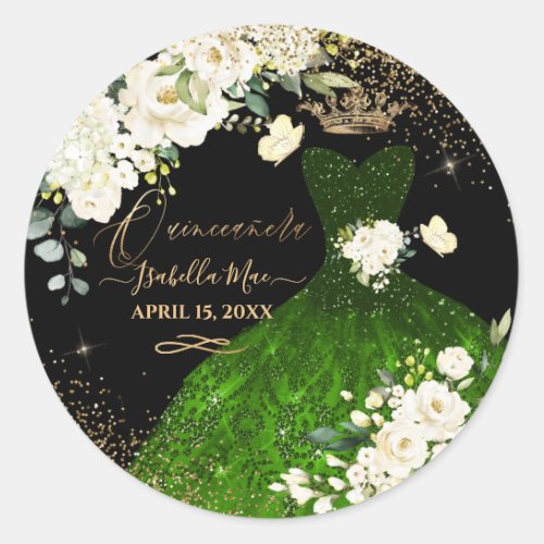 Quinceanera Dark Green Glitter Gown Cream Roses Classic Round Sticker