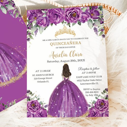 Quinceaera Dark Magenta Purple Floral Princess Invitation