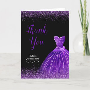 Quinceanera Dark Purple Dress Faux Glitter Letterpress Thank You Card