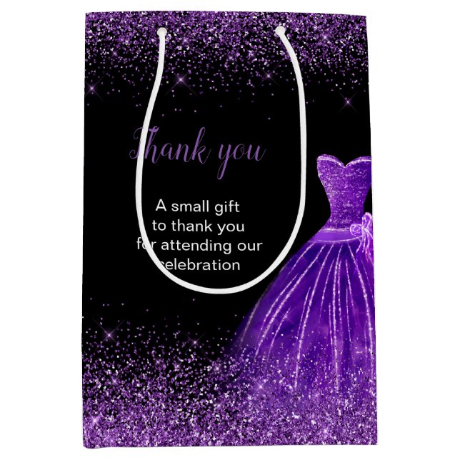 Quinceanera Dark Purple Dress Faux Glitter Medium Gift Bag (Front)