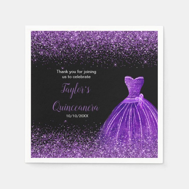 Quinceanera Dark Purple Faux Glitter Napkins (Front)