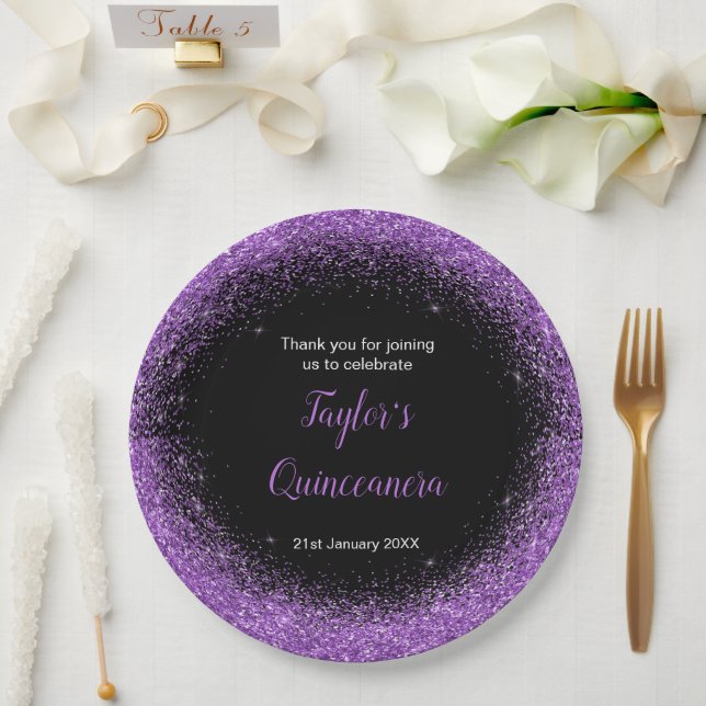 Quinceanera Dark Purple Faux Glitter Paper Plates (Wedding)