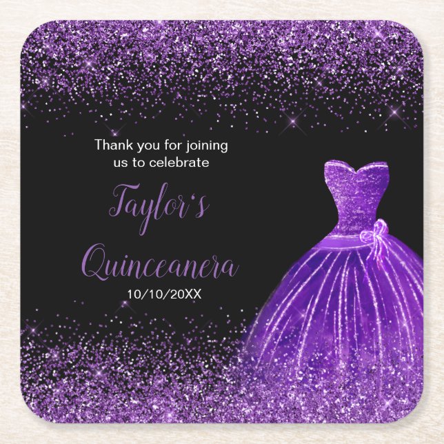 Quinceanera Dark Purple Faux Glitter Square Paper Coaster (Front)