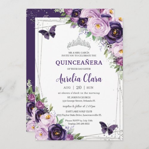 Quinceaera Dark Purple Lilac Floral Butterflies  Invitation