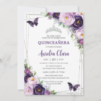 Quinceañera Dark Purple Lilac Floral Butterflies Invitation