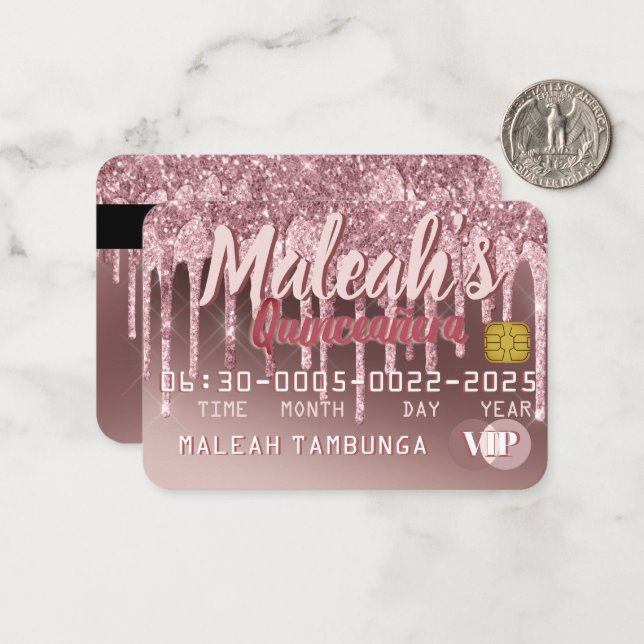 Quinceañera Dark Rose Gold & Pink Glitter Drip Note Card (Front/Back In Situ)