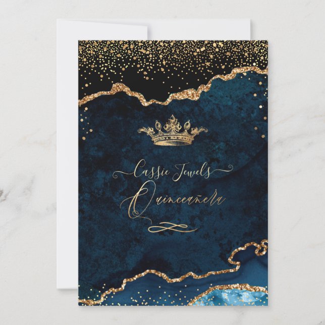 Quinceanera Dark Teal Agate Faux Gold Confetti Invitation (Front)