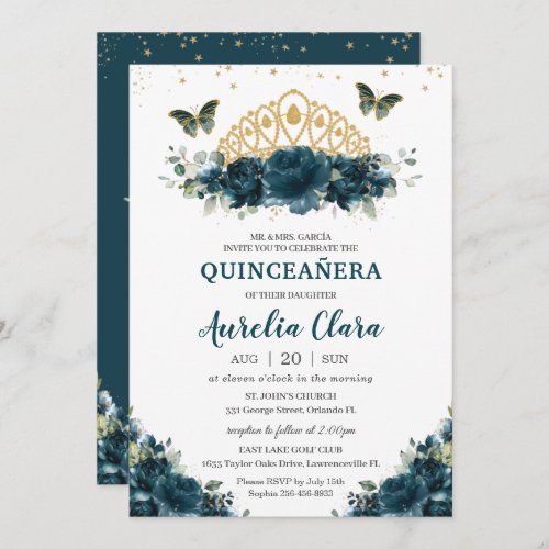 Quinceaera Dark Teal Floral Butterflies Crown Invitation