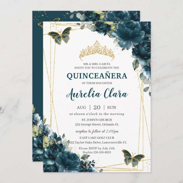Quinceañera Dark Teal Peacock Floral Butterflies Invitation (Front/Back)