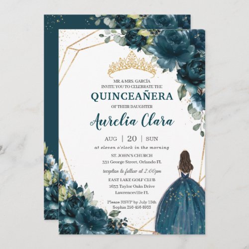 Quinceaera Dark Teal Peacock Floral Princess  Invitation