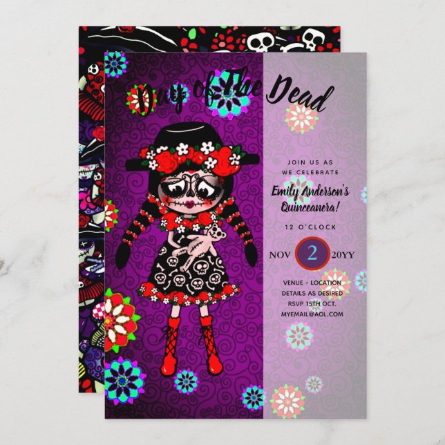 Quinceanera Day of The Dead Sugar Skulls Invitation (Front/Back)