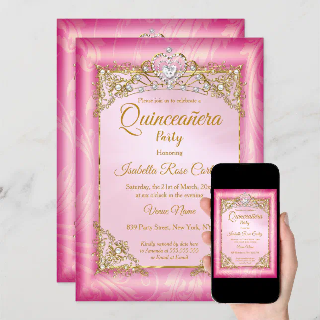 Quinceanera Deep Pink Damask Photo Gold Tiara Invitation Zazzle