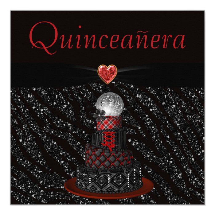 Quinceanera Disco Diva Cake & Zebra Glitter Print Personalized Announcement