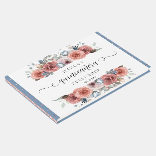 Quinceaera Dusty Blue and Pink Gold Floral Guest Book