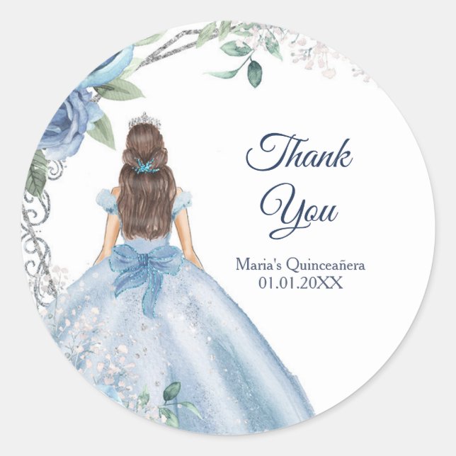 Quinceañera Dusty Blue Floral Thank You Classic Round Sticker (Front)