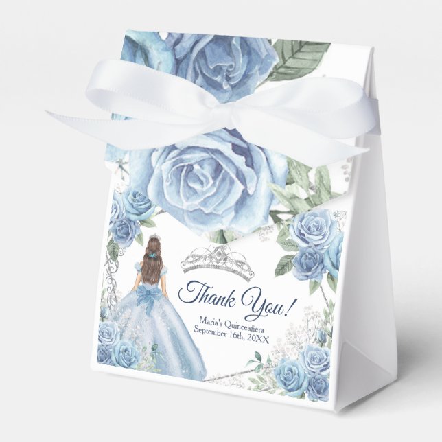 Quinceañera Dusty Blue Flowers Party Favor Box (Front Side)