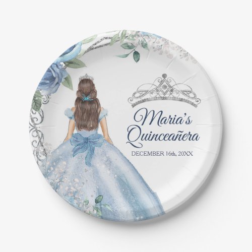 Quinceaera Dusty Blue Flowers watercolor  Paper Plates