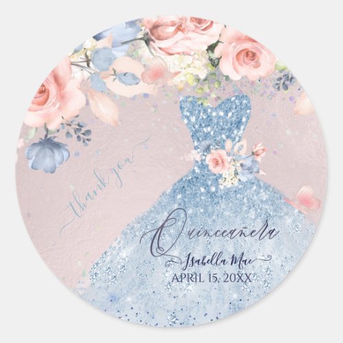 Quinceanera Dusty Blue Glitter Gown Blush Roses  C Classic Round Sticker