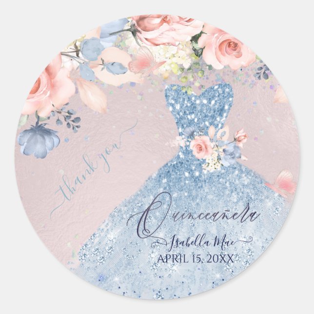 Quinceanera Dusty Blue Glitter Gown Blush Roses  C Classic Round Sticker (Front)