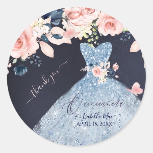 Quinceanera Dusty Blue Glitter Gown Blush Roses  Classic Round Sticker