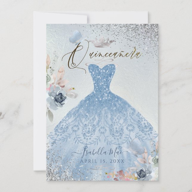 Quinceanera Dusty Blue Glitter Gown Butterflies Invitation (Front)