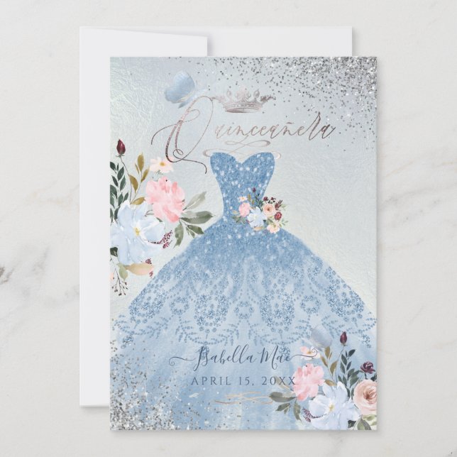 Quinceanera Dusty Blue Glitter Gown Butterflies Invitation (Front)