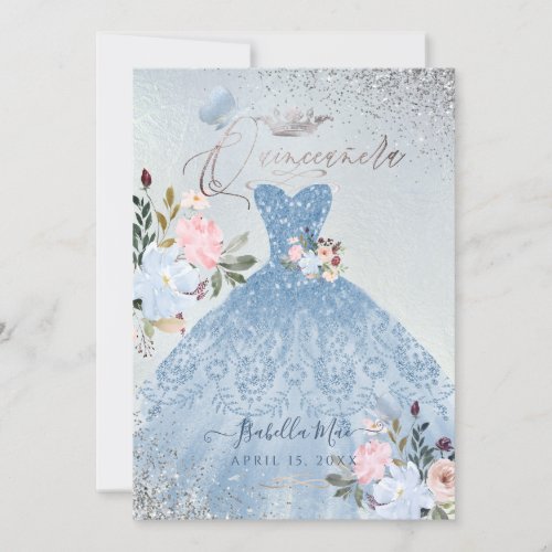 Quinceanera Dusty Blue Glitter Gown Butterflies Invitation