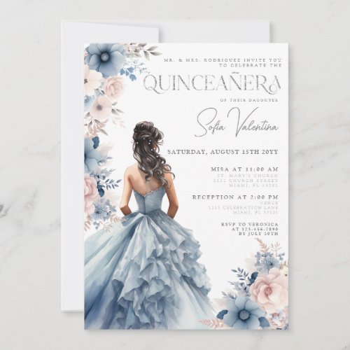 Quinceaera Dusty Blue Gown Pink Floral Brunette Invitation