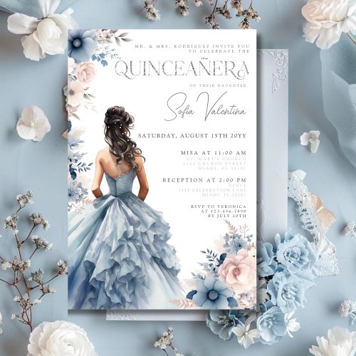 Quinceaera Dusty Blue Gown Pink Floral Brunette Invitation
