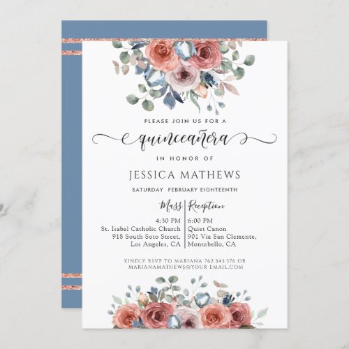 Quinceaera Dusty Blue Pink Gold Blissful Floral Invitation