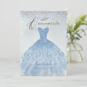 Quinceanera Dusty Blue+Silver Glitter Gown Invitation (Standing Front)