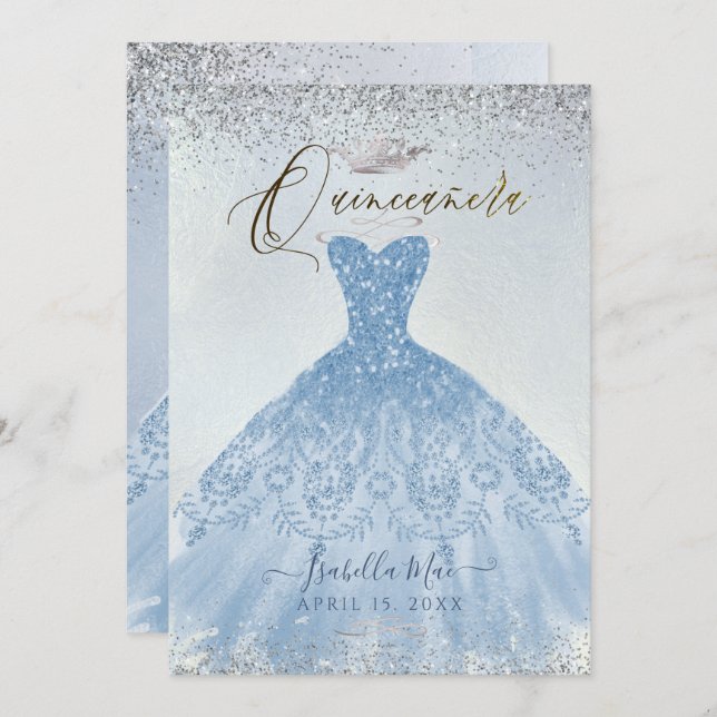 Quinceanera Dusty Blue+Silver Glitter Gown Invitation (Front/Back)