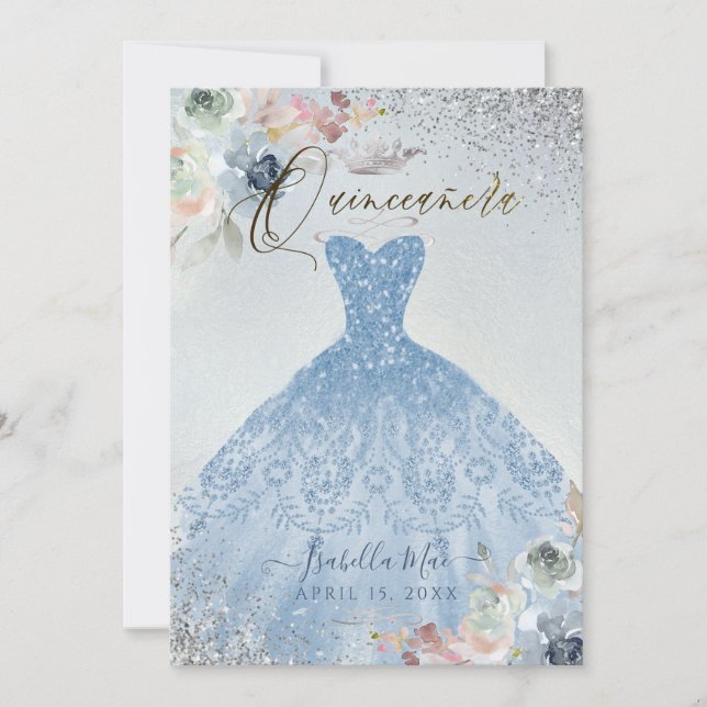 Quinceanera Dusty Blue Silver Glitter Gown Roses Invitation (Front)