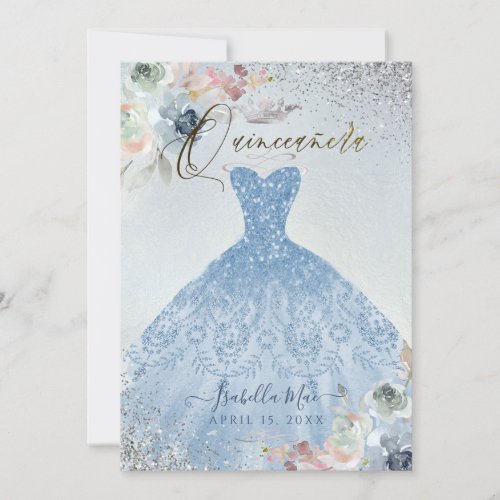 Quinceanera Dusty Blue Silver Glitter Gown Roses Invitation