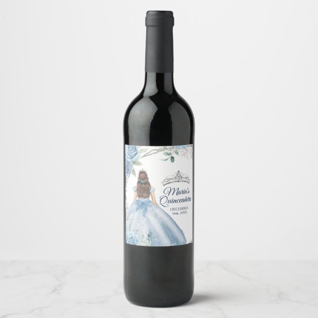 Quinceañera Dusty Blue Wine Bottle Party Label (Front)