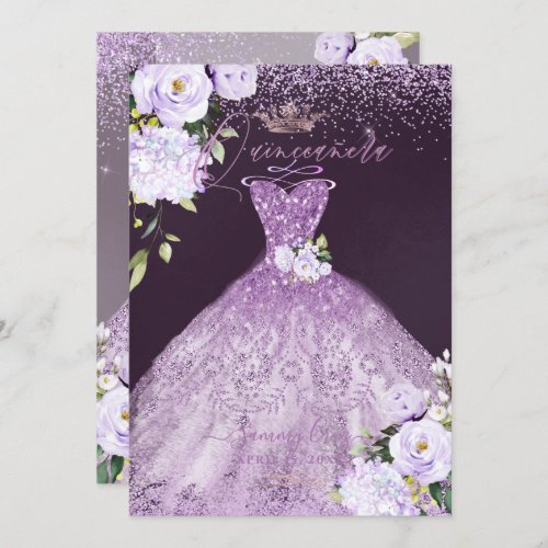 Quinceanera Dusty Lilac Purple Silver Glitter Gown Invitation